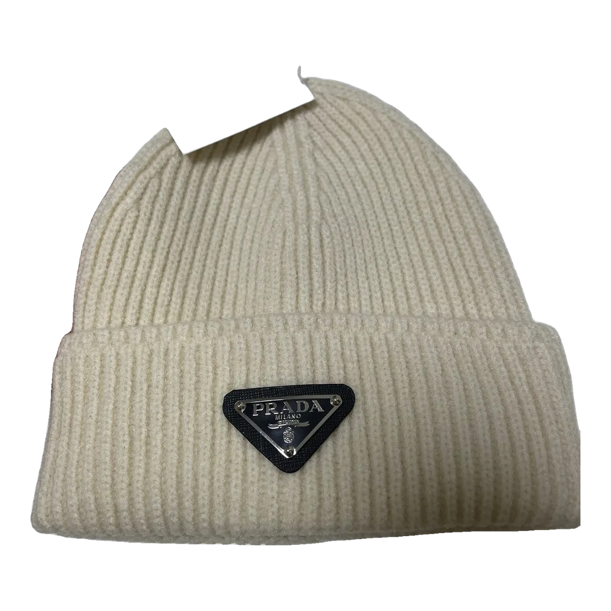 Prada Beige Triangle Logo Beanie