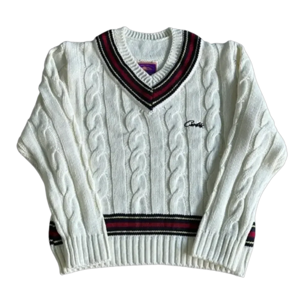 Corteiz White Cable Knit Cricket Sweater