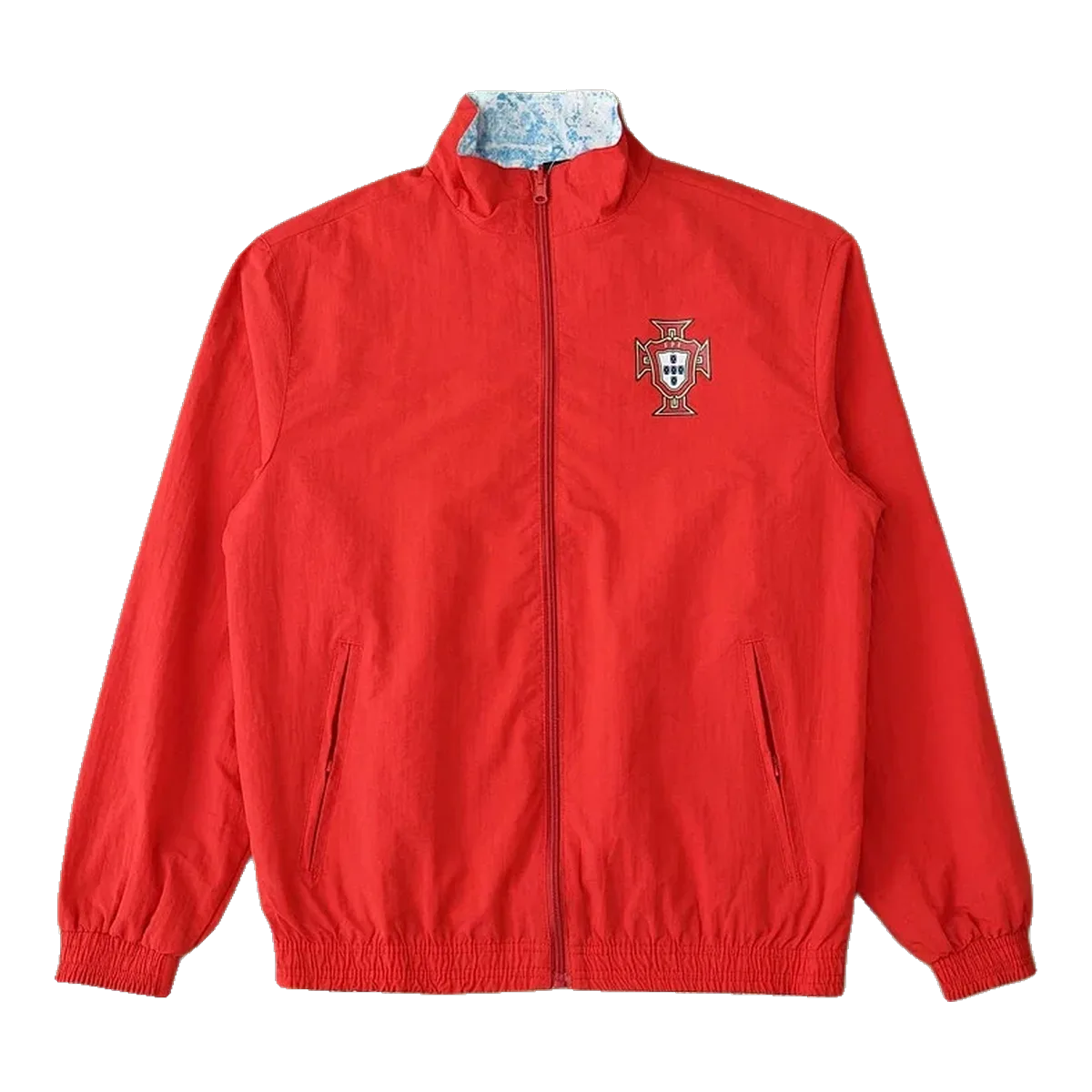 On Red Windbreaker