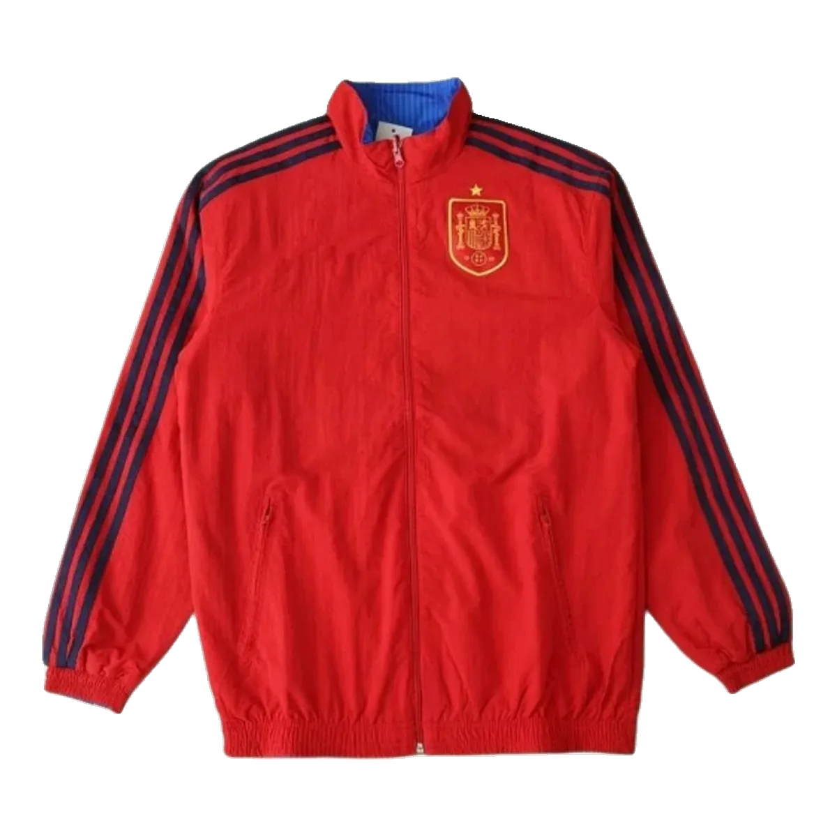 On Red Windbreaker